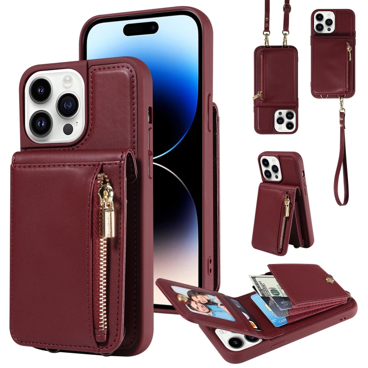 

For iPhone 14 Pro Crossbody Lanyard Zipper Wallet Leather Phone Case(Wine Red)