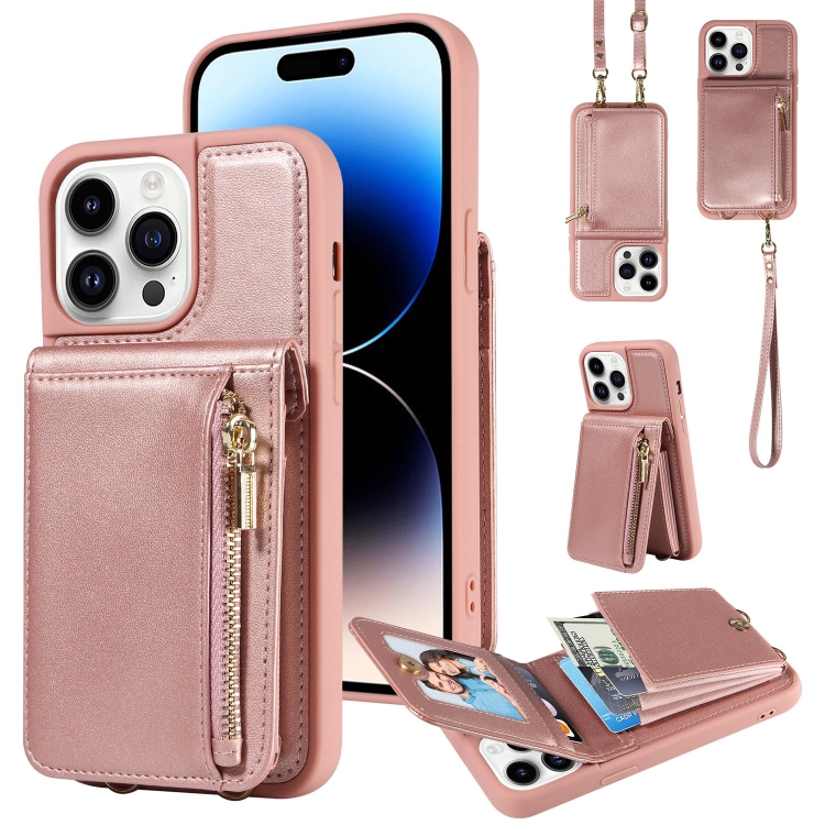 

For iPhone 14 Pro Crossbody Lanyard Zipper Wallet Leather Phone Case(Rose Gold)