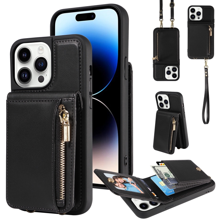 

For iPhone 14 Pro Crossbody Lanyard Zipper Wallet Leather Phone Case(Black)