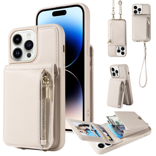 

For iPhone 14 Pro Max Crossbody Lanyard Zipper Wallet Leather Phone Case(Beige)