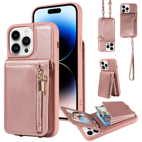 

For iPhone 14 Pro Max Crossbody Lanyard Zipper Wallet Leather Phone Case(Rose Gold)