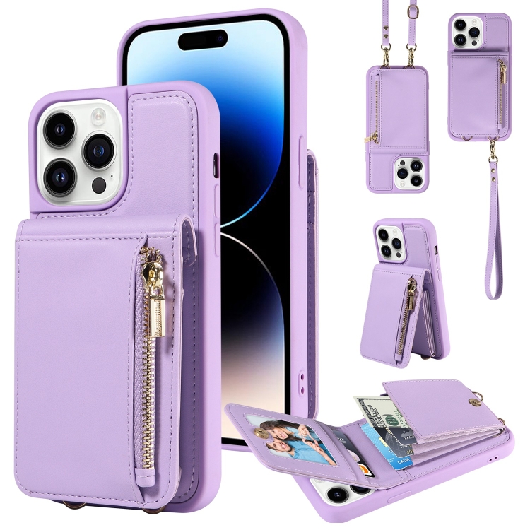 

For iPhone 14 Pro Max Crossbody Lanyard Zipper Wallet Leather Phone Case(Purple)