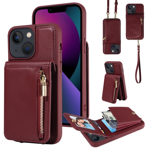 

For iPhone 13 Crossbody Lanyard Zipper Wallet Leather Phone Case(Wine Red)