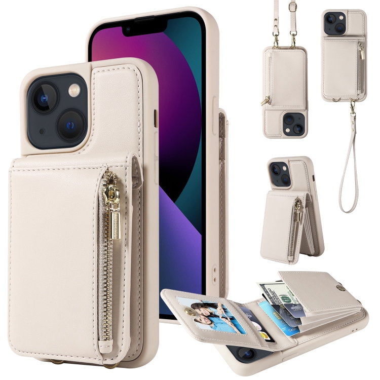 

For iPhone 13 Crossbody Lanyard Zipper Wallet Leather Phone Case(Beige)