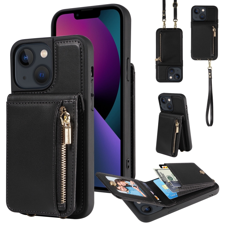 

For iPhone 13 Crossbody Lanyard Zipper Wallet Leather Phone Case(Black)