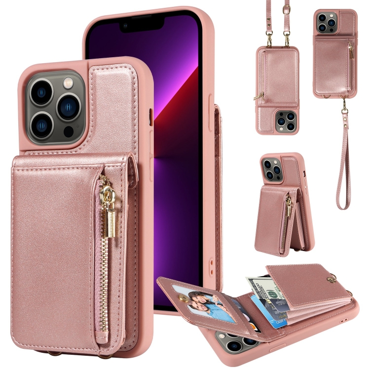 

For iPhone 13 Pro Crossbody Lanyard Zipper Wallet Leather Phone Case(Rose Gold)