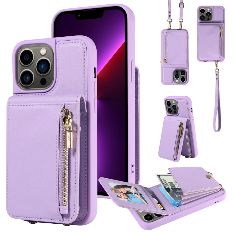 

For iPhone 13 Pro Crossbody Lanyard Zipper Wallet Leather Phone Case(Purple)