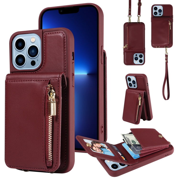 

For iPhone 13 Pro Max Crossbody Lanyard Zipper Wallet Leather Phone Case(Wine Red)