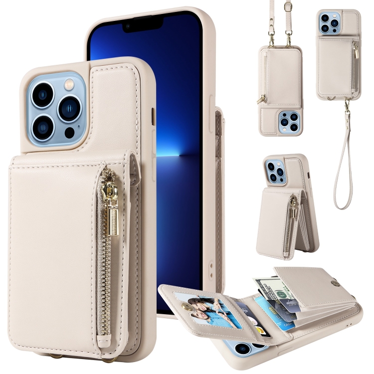 

For iPhone 13 Pro Max Crossbody Lanyard Zipper Wallet Leather Phone Case(Beige)