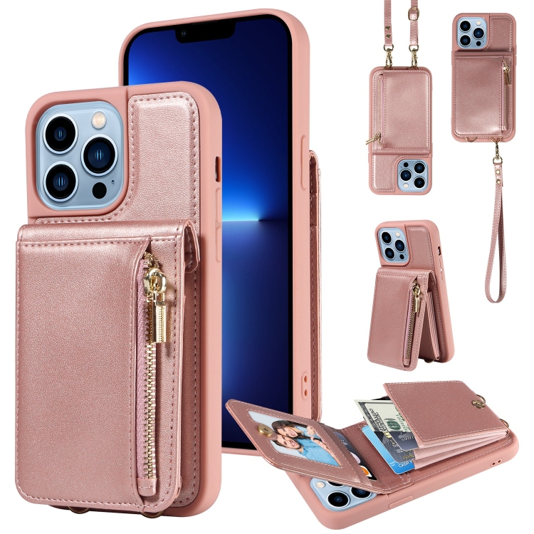 

For iPhone 13 Pro Max Crossbody Lanyard Zipper Wallet Leather Phone Case(Rose Gold)