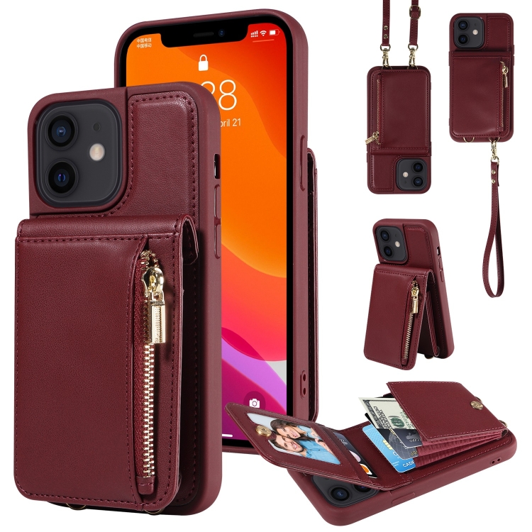 

For iPhone 12 / 12 Pro Crossbody Lanyard Zipper Wallet Leather Phone Case(Wine Red)