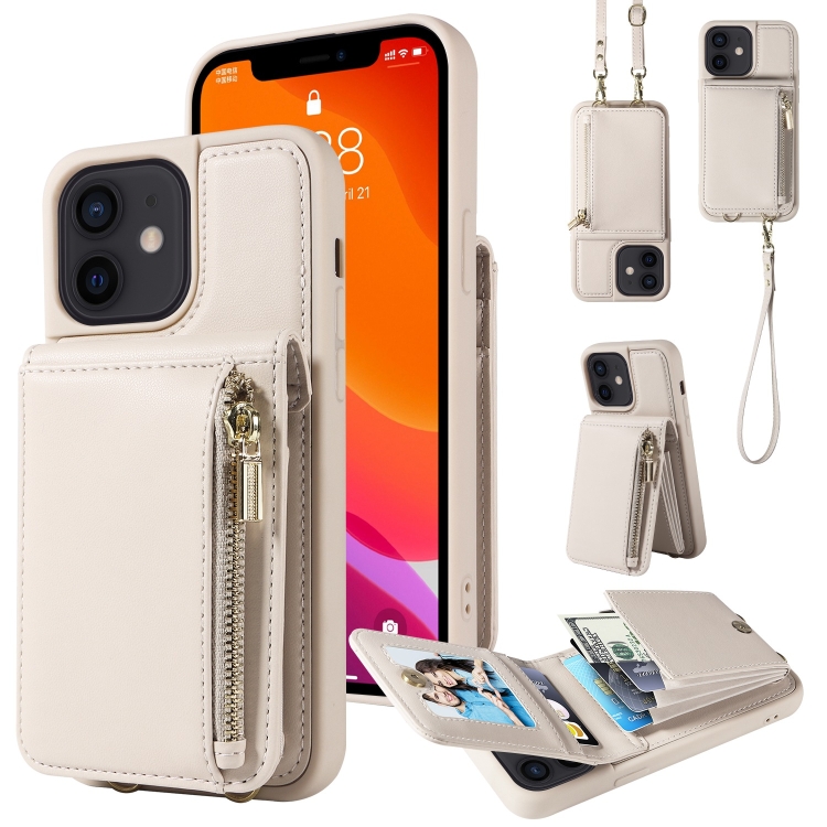 

For iPhone 12 / 12 Pro Crossbody Lanyard Zipper Wallet Leather Phone Case(Beige)