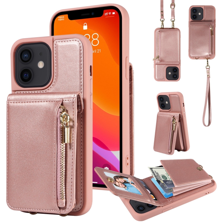 

For iPhone 12 / 12 Pro Crossbody Lanyard Zipper Wallet Leather Phone Case(Rose Gold)