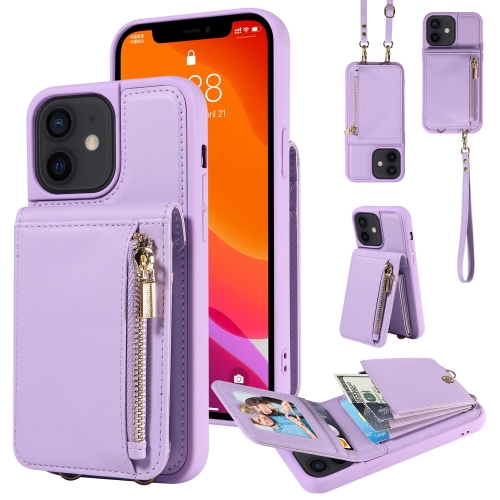 

For iPhone 12 / 12 Pro Crossbody Lanyard Zipper Wallet Leather Phone Case(Purple)