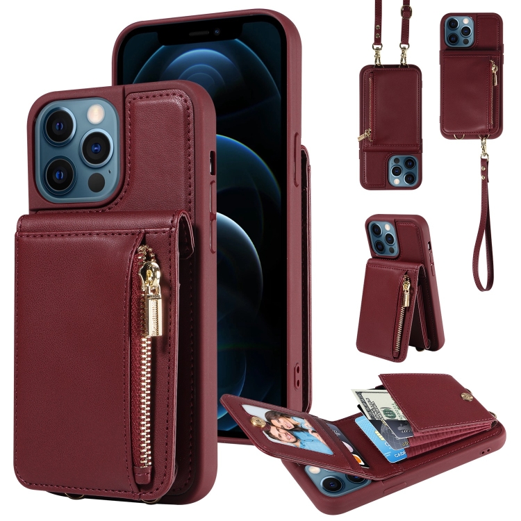 

For iPhone 12 Pro Max Crossbody Lanyard Zipper Wallet Leather Phone Case(Wine Red)