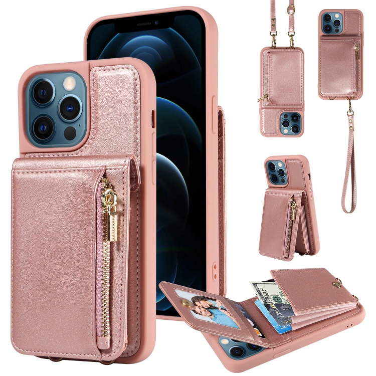 

For iPhone 12 Pro Max Crossbody Lanyard Zipper Wallet Leather Phone Case(Rose Gold)