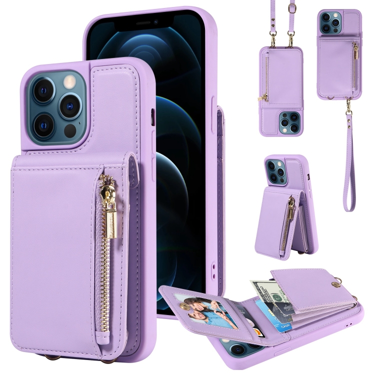 

For iPhone 12 Pro Max Crossbody Lanyard Zipper Wallet Leather Phone Case(Purple)
