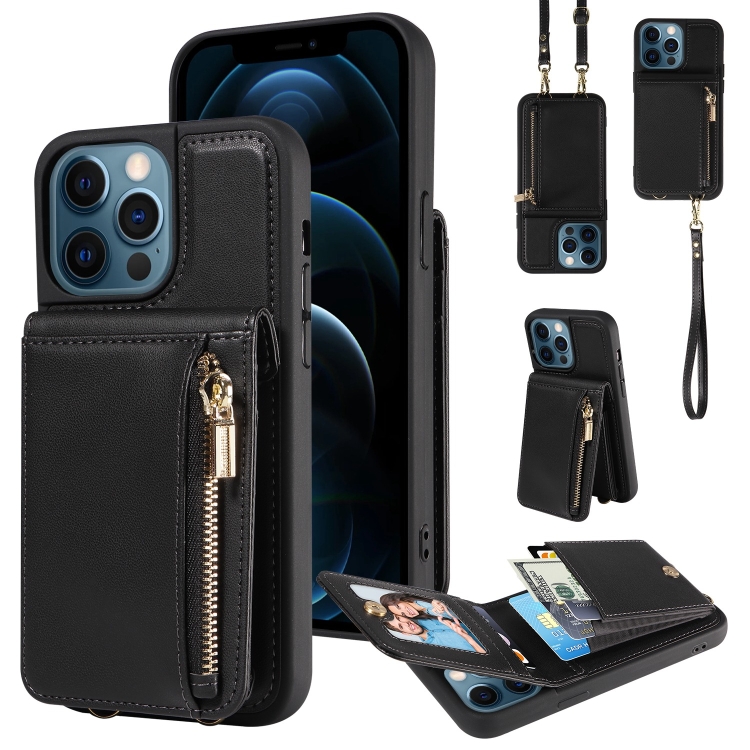 

For iPhone 12 Pro Max Crossbody Lanyard Zipper Wallet Leather Phone Case(Black)