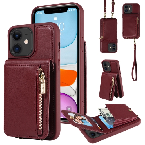 

For iPhone 11 Crossbody Lanyard Zipper Wallet Leather Phone Case(Wine Red)