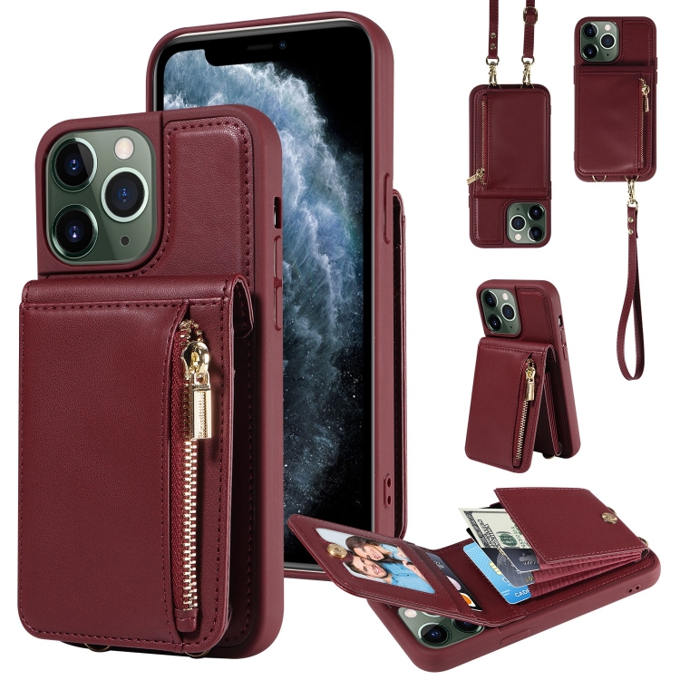 

For iPhone 11 Pro Max Crossbody Lanyard Zipper Wallet Leather Phone Case(Wine Red)