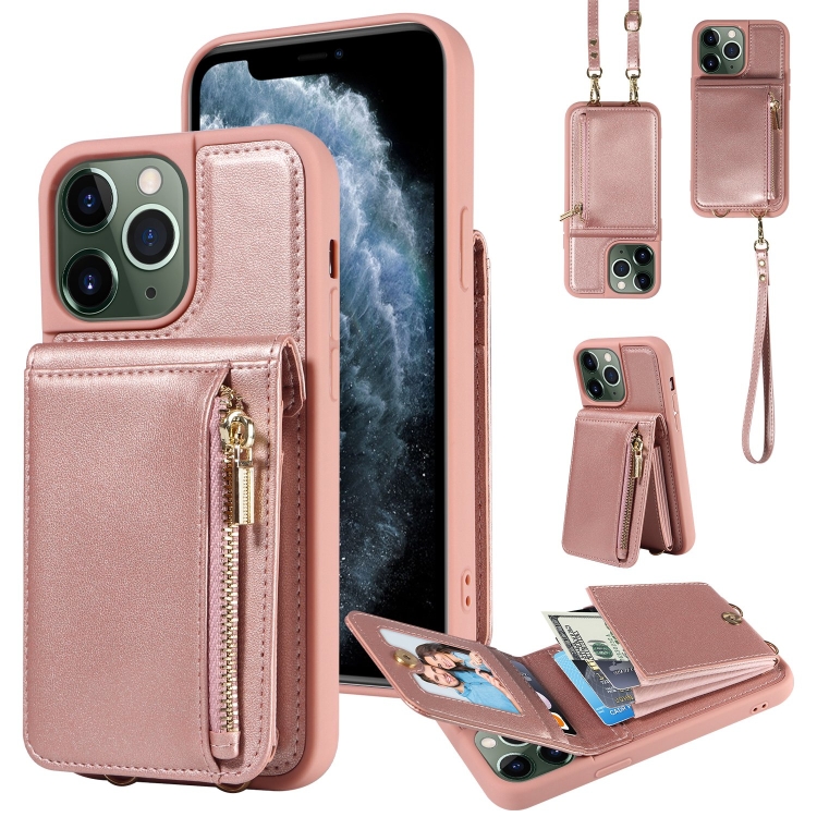 

For iPhone 11 Pro Max Crossbody Lanyard Zipper Wallet Leather Phone Case(Rose Gold)