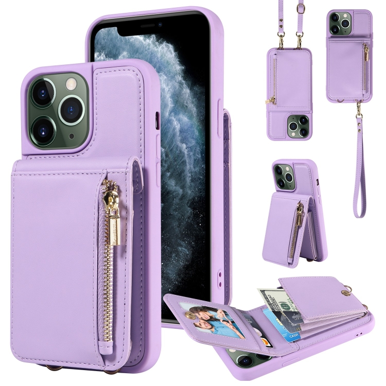 

For iPhone 11 Pro Max Crossbody Lanyard Zipper Wallet Leather Phone Case(Purple)