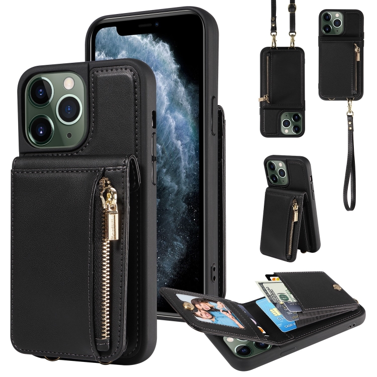 

For iPhone 11 Pro Max Crossbody Lanyard Zipper Wallet Leather Phone Case(Black)