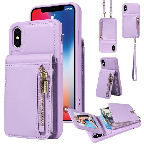 

For iPhone X / XS Crossbody Lanyard Zipper Wallet Leather Phone Case(Purple)