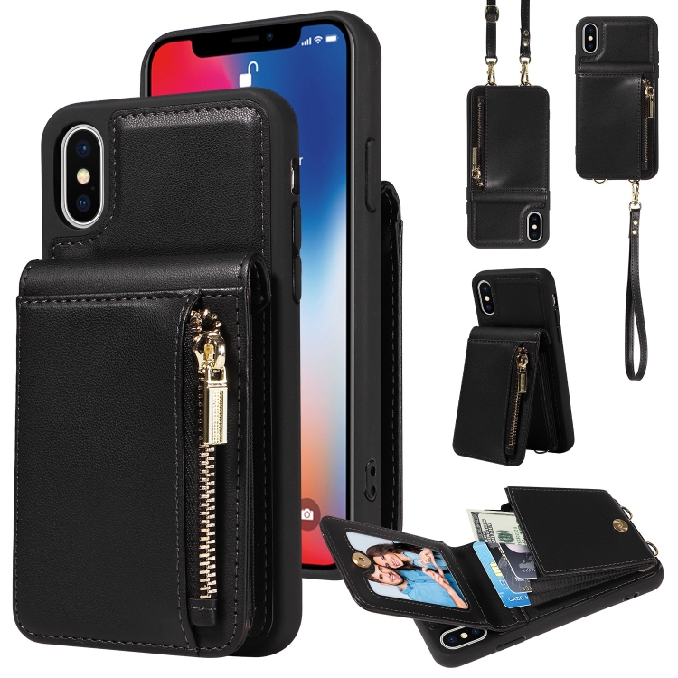 

For iPhone X / XS Crossbody Lanyard Zipper Wallet Leather Phone Case(Black)