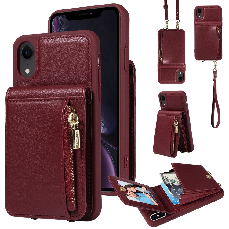 

For iPhone XR Crossbody Lanyard Zipper Wallet Leather Phone Case(Wine Red)