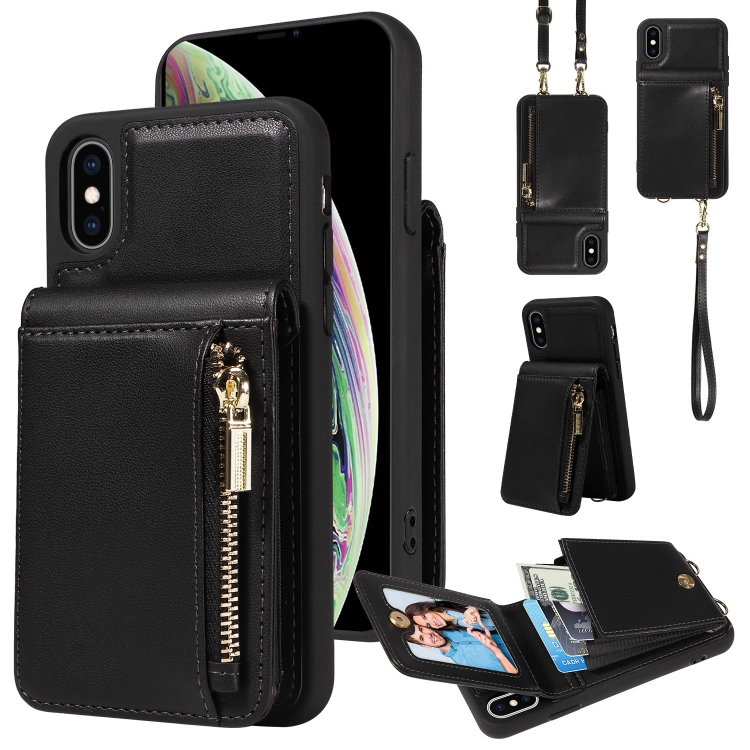 

For iPhone XS Max Crossbody Lanyard Zipper Wallet Leather Phone Case(Black)