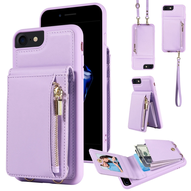 

For iPhone SE 2022/ 7 / 8 Crossbody Lanyard Zipper Wallet Leather Phone Case(Purple)