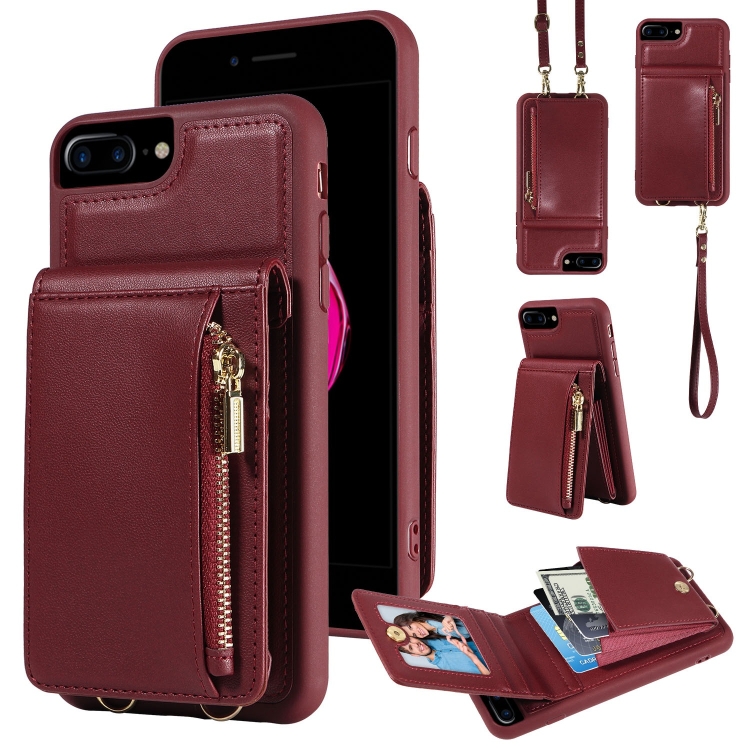 

For iPhone 7 Plus / 8 Plus Crossbody Lanyard Zipper Wallet Leather Phone Case(Wine Red)