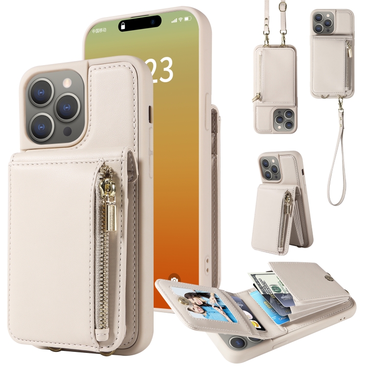 

For iPhone 15 Pro Max Crossbody Lanyard Zipper Wallet Leather Phone Case(Beige)