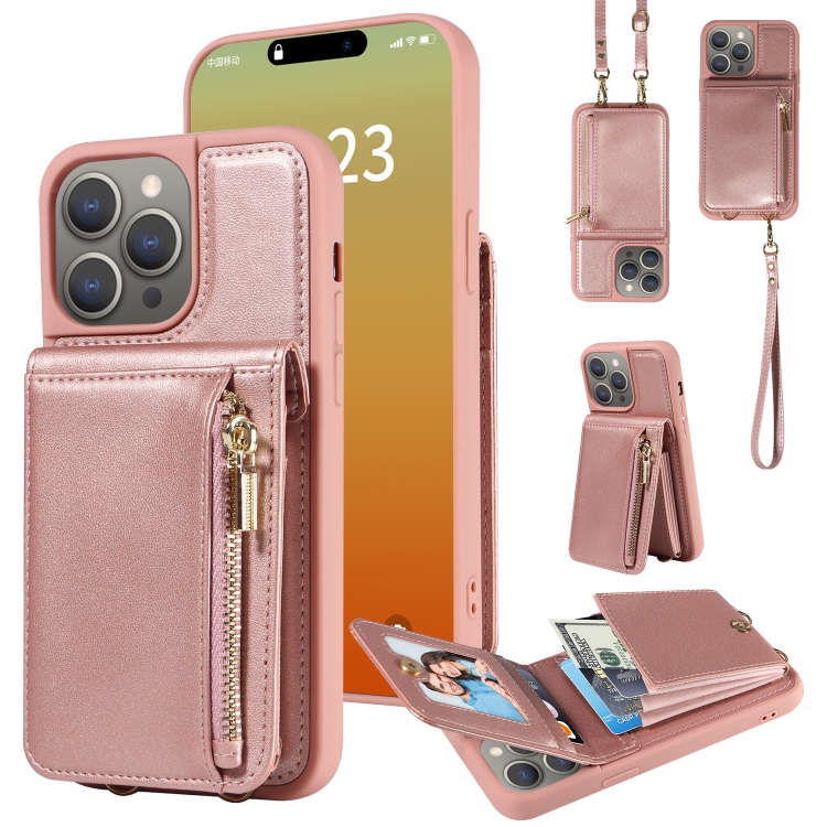 

For iPhone 15 Pro Max Crossbody Lanyard Zipper Wallet Leather Phone Case(Rose Gold)
