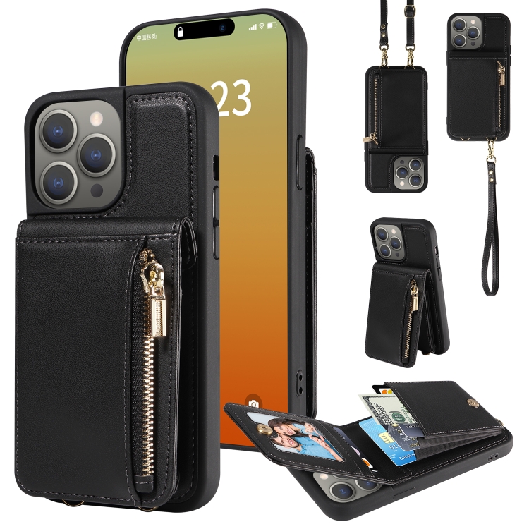 

For iPhone 15 Pro Max Crossbody Lanyard Zipper Wallet Leather Phone Case(Black)