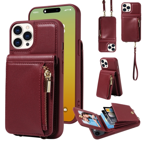 

For iPhone 15 Pro Crossbody Lanyard Zipper Wallet Leather Phone Case(Wine Red)