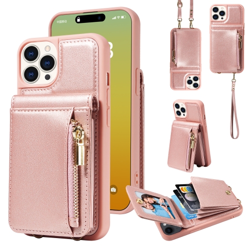 

For iPhone 15 Pro Crossbody Lanyard Zipper Wallet Leather Phone Case(Rose Gold)