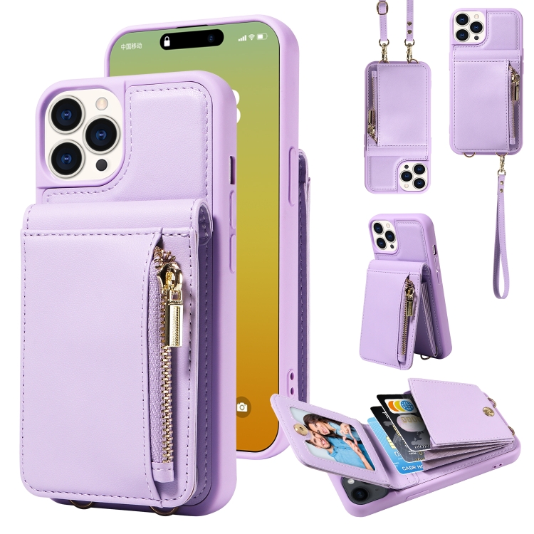 

For iPhone 15 Pro Crossbody Lanyard Zipper Wallet Leather Phone Case(Purple)