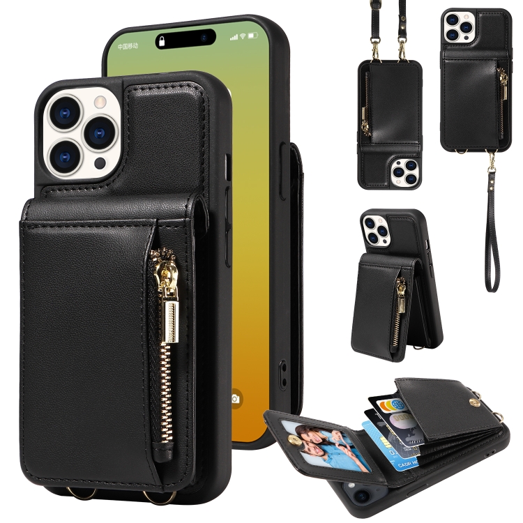 

For iPhone 15 Pro Crossbody Lanyard Zipper Wallet Leather Phone Case(Black)