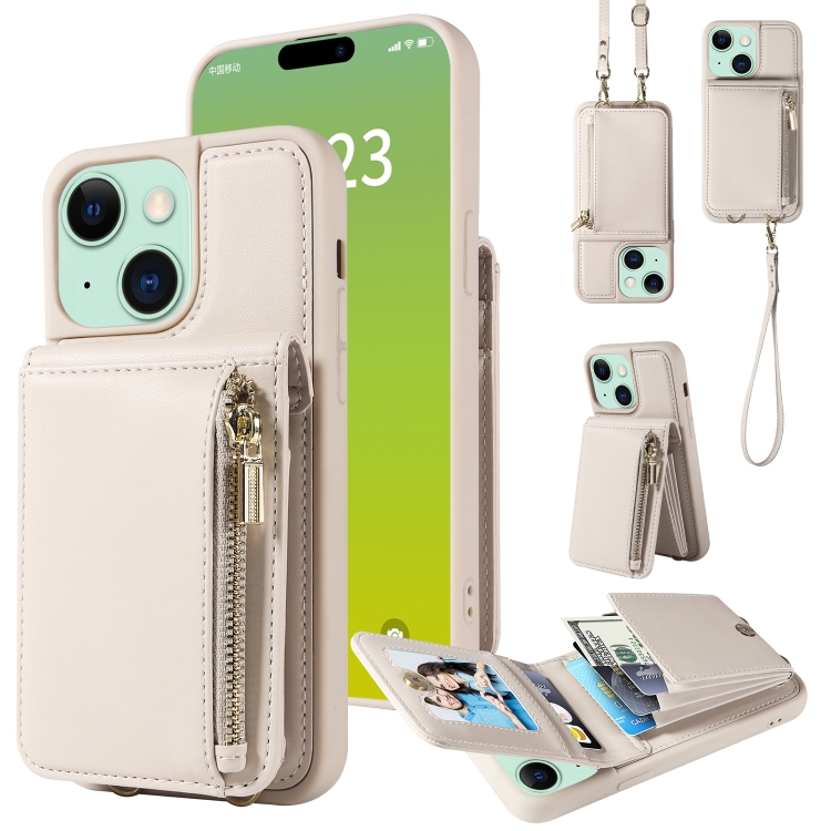 

For iPhone 15 Plus Crossbody Lanyard Zipper Wallet Leather Phone Case(Beige)