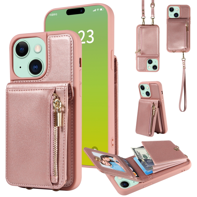 

For iPhone 15 Plus Crossbody Lanyard Zipper Wallet Leather Phone Case(Rose Gold)