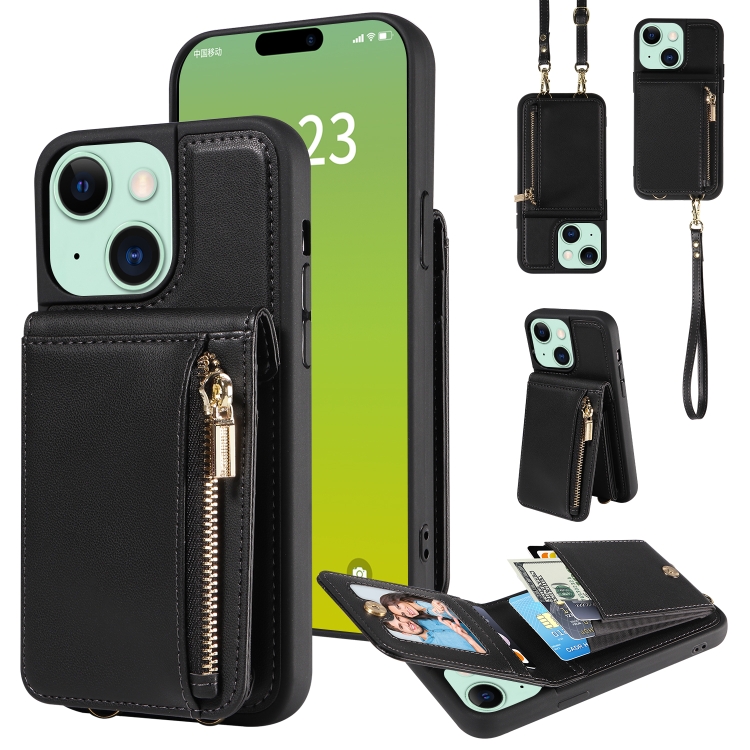 

For iPhone 15 Plus Crossbody Lanyard Zipper Wallet Leather Phone Case(Black)