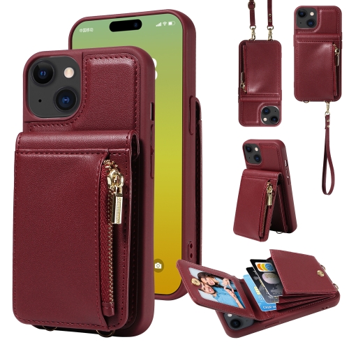 

For iPhone 15 Crossbody Lanyard Zipper Wallet Leather Phone Case(Wine Red)