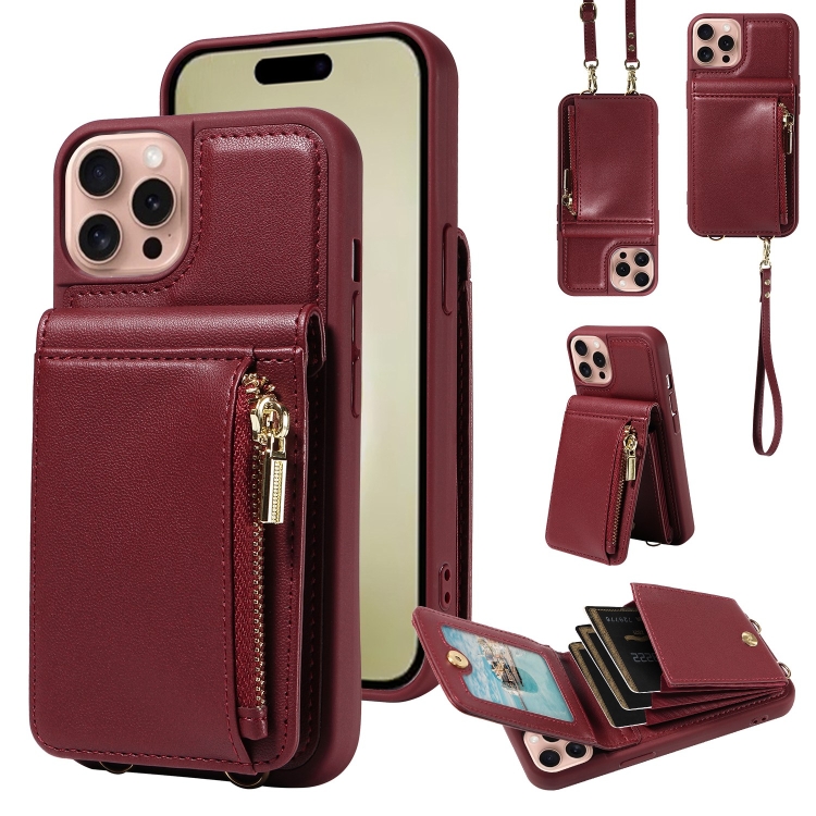 

For iPhone 16 Pro Crossbody Lanyard Zipper Wallet Leather Phone Case(Wine Red)