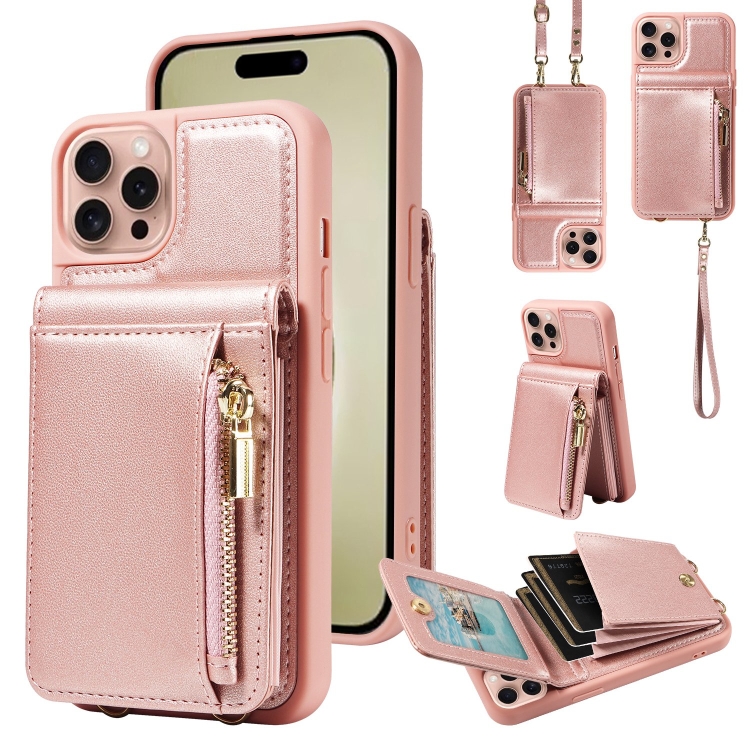 

For iPhone 16 Pro Crossbody Lanyard Zipper Wallet Leather Phone Case(Rose Gold)