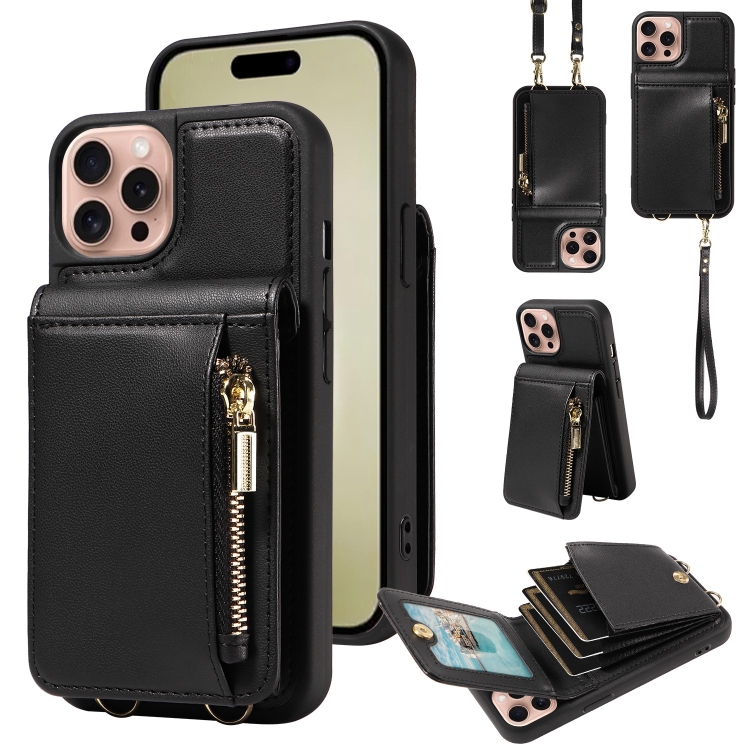 

For iPhone 16 Pro Crossbody Lanyard Zipper Wallet Leather Phone Case(Black)