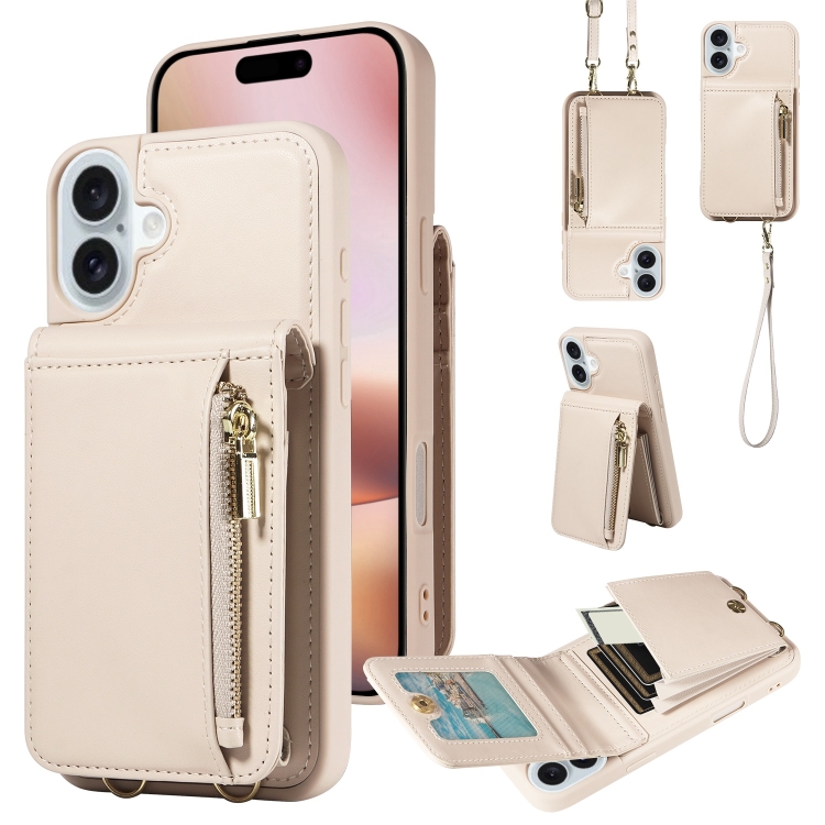 

For iPhone 16 Plus Crossbody Lanyard Zipper Wallet Leather Phone Case(Beige)