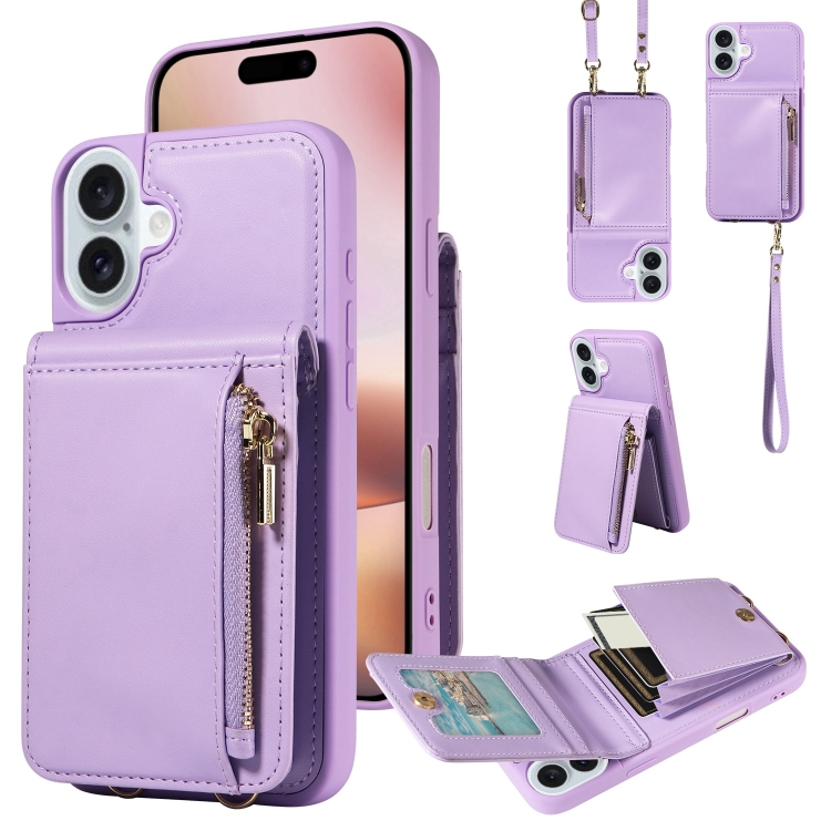 

For iPhone 16 Plus Crossbody Lanyard Zipper Wallet Leather Phone Case(Purple)
