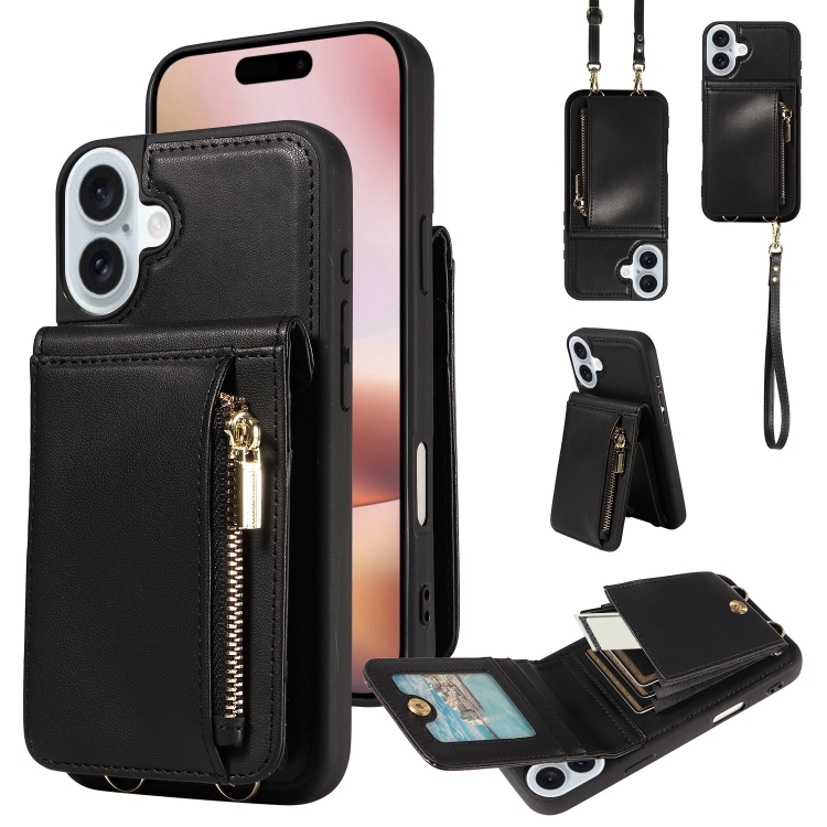 

For iPhone 16 Plus Crossbody Lanyard Zipper Wallet Leather Phone Case(Black)
